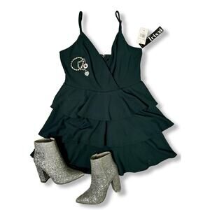 Trixxi Emerald Green Tiered Ruffle Spaghetti Strap Mini Dress